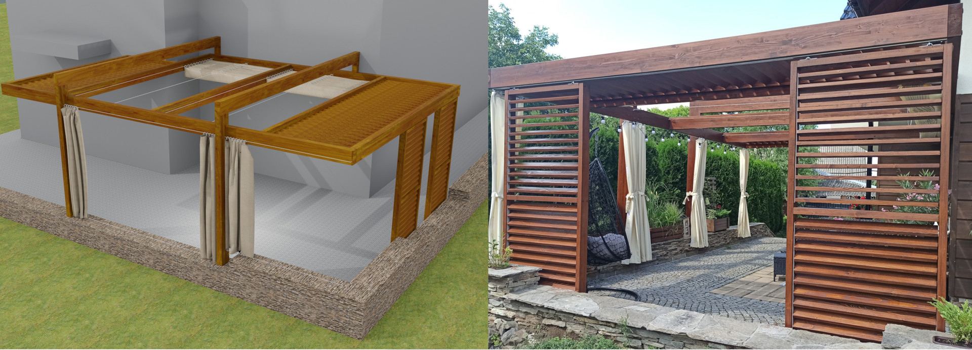 Wizualizacja 3D projektu zadaszenia tarasu z drewna BSH